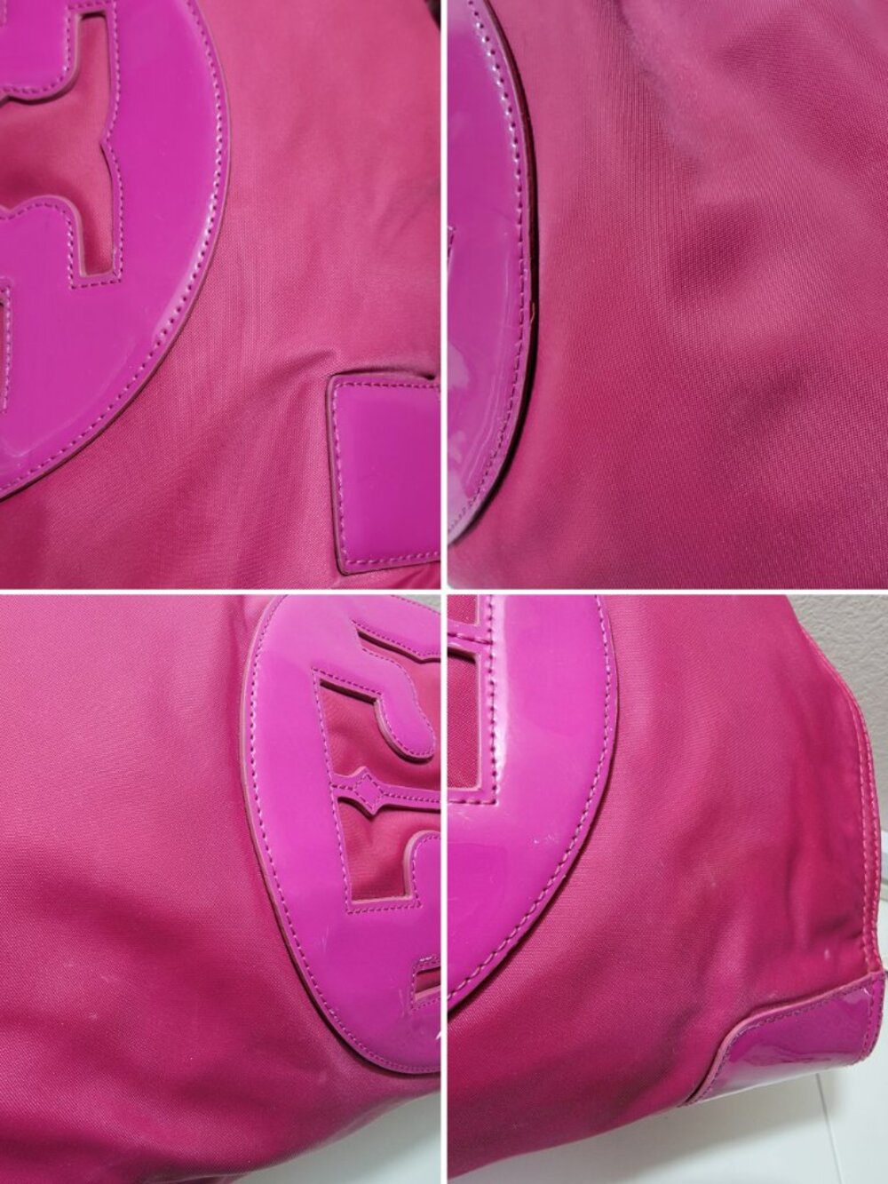 Tory Burch Ella Nylon Tote Bag Large Magenta Pink Patent Leather Shoulder Purse - Picture 10 of 14